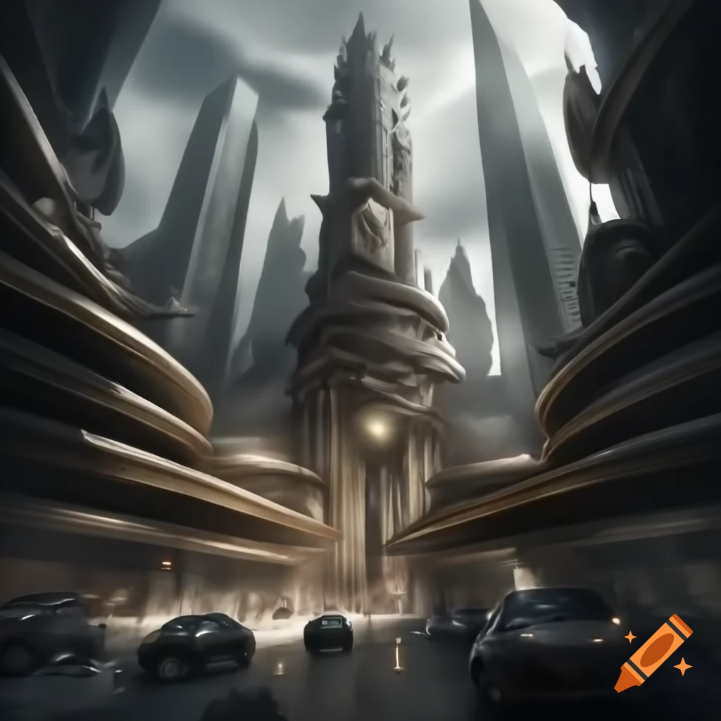 Futuristic cityscape with intricate skyscrapers in baroque style