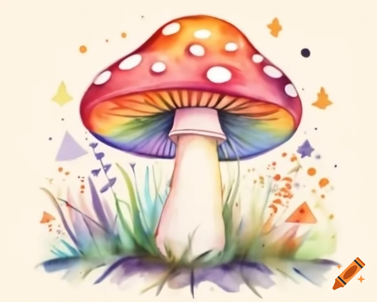 Watercolor Halloween toadstool in rainbow colors, storybook style