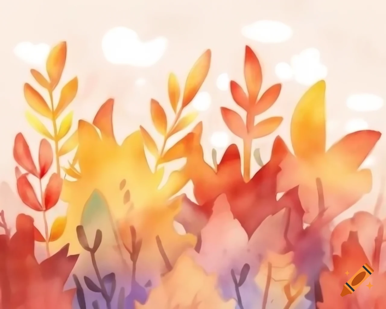 Watercolor autumn vegetation in vibrant rainbow shades, storybook style