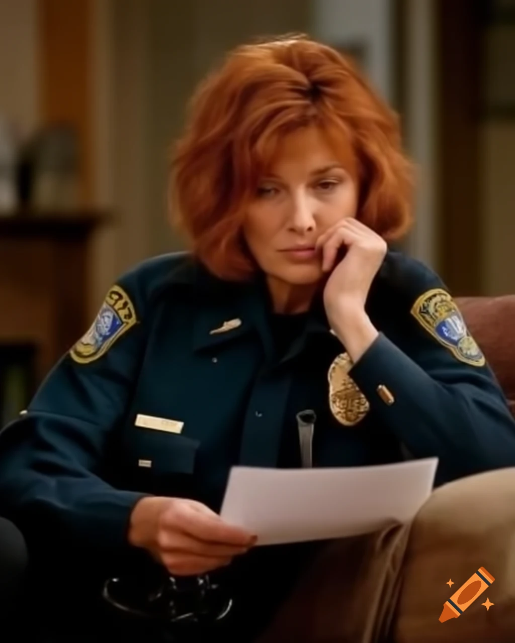 French police officer taking notes at crime scene in dusty living room, hyper-realistic portrait
