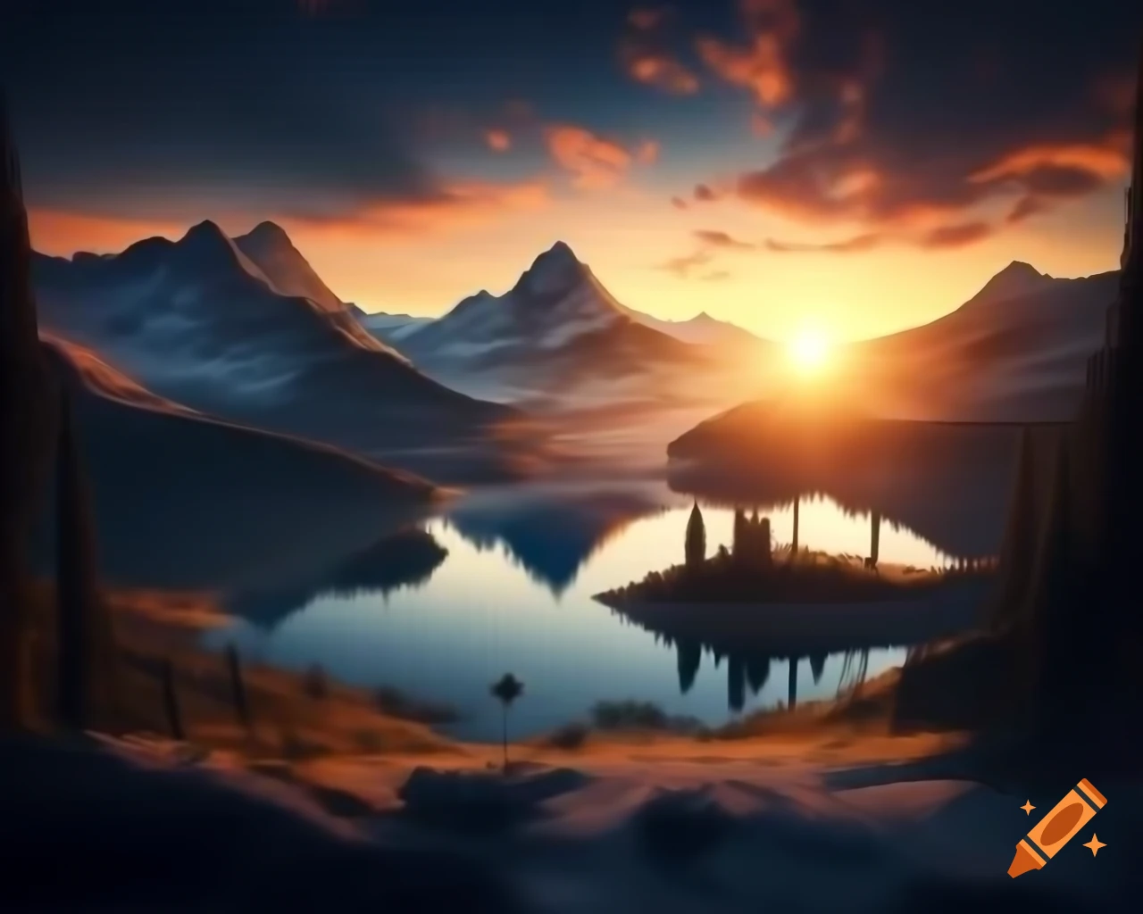 Photorealistic 3D render of mountain lake at sunset with sun rays and island