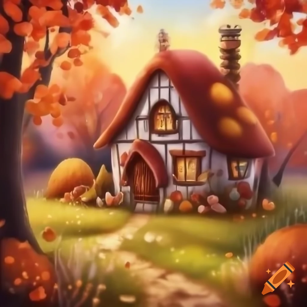 Cute fairytale cottage surrounded by autumn foliage
