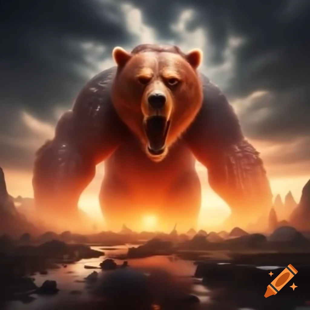 Surreal scene of expanding colossal Gummy Bear in apocalyptic setting
