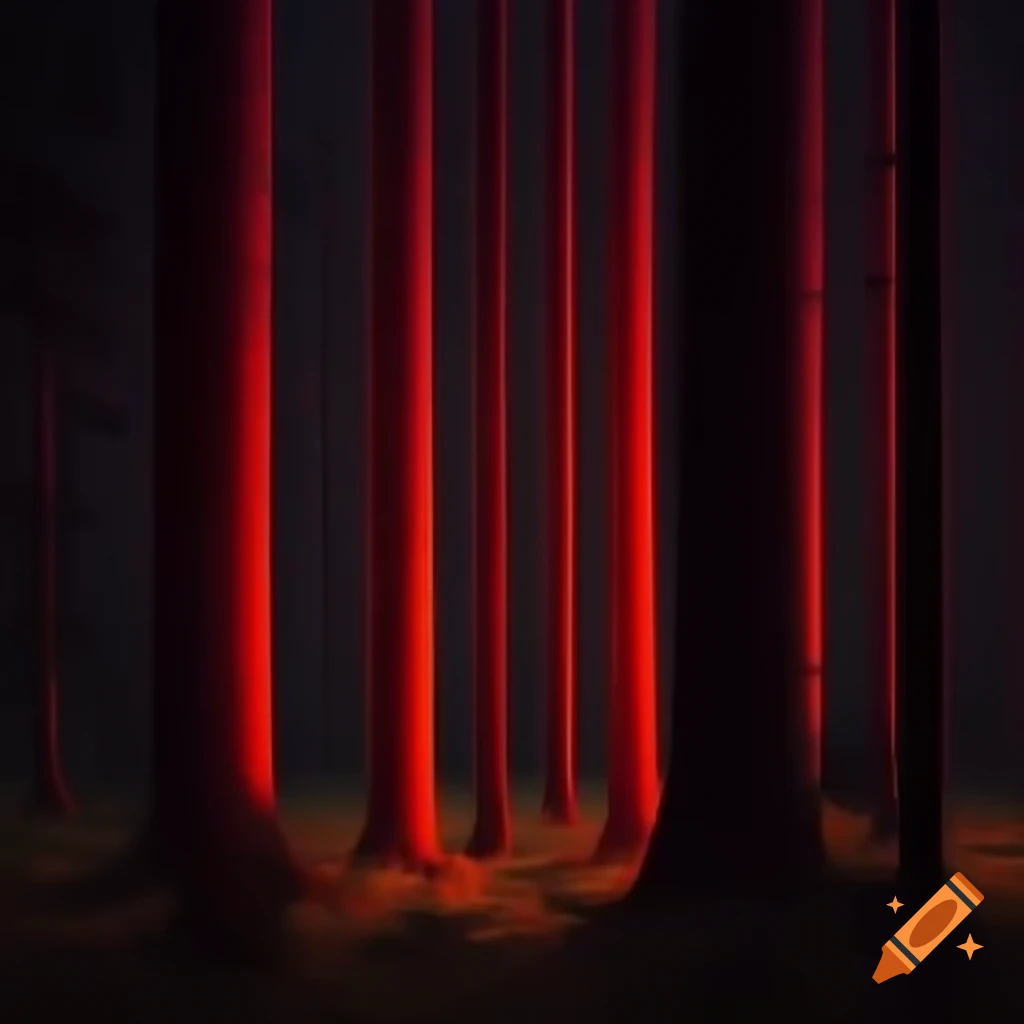 Dark forest with trees featuring deep red trunks
