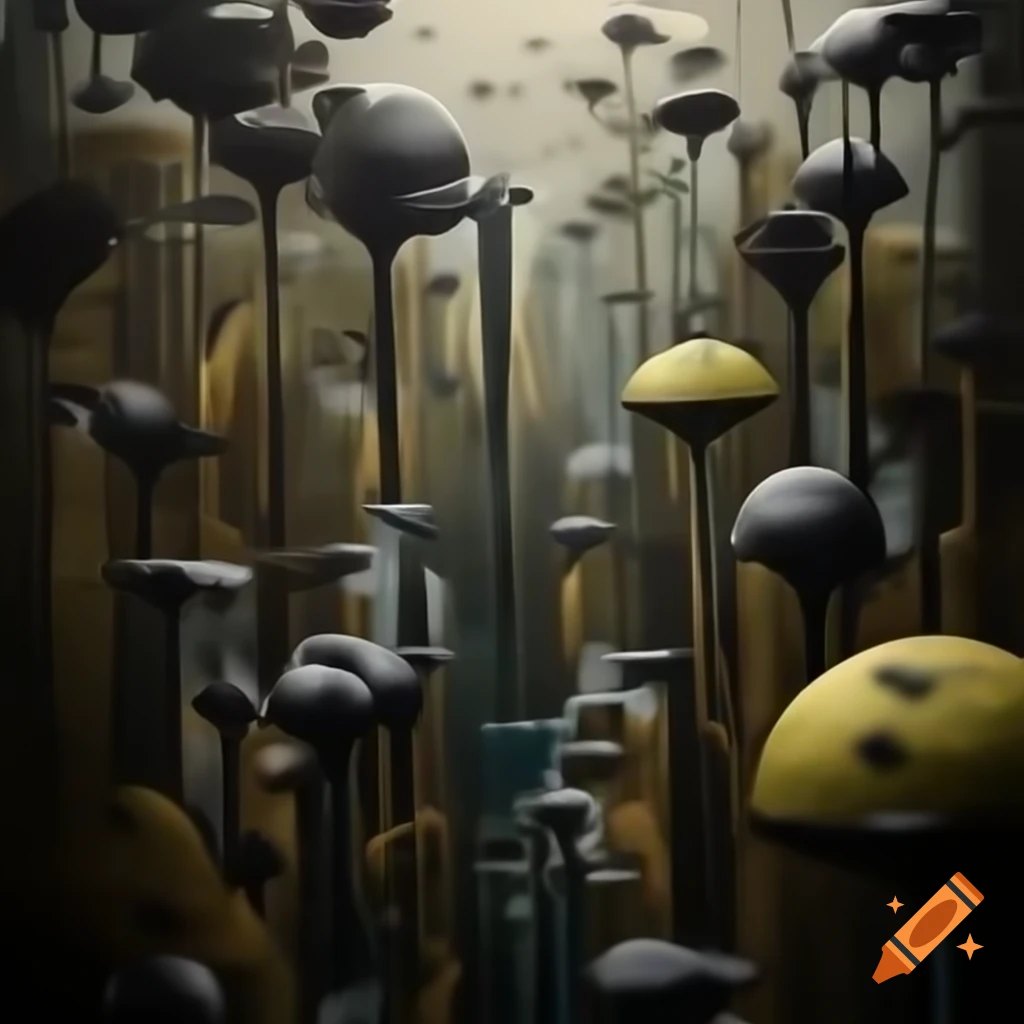 Abstract art of futuristic time travelers in Garden of Eden with exotic flora