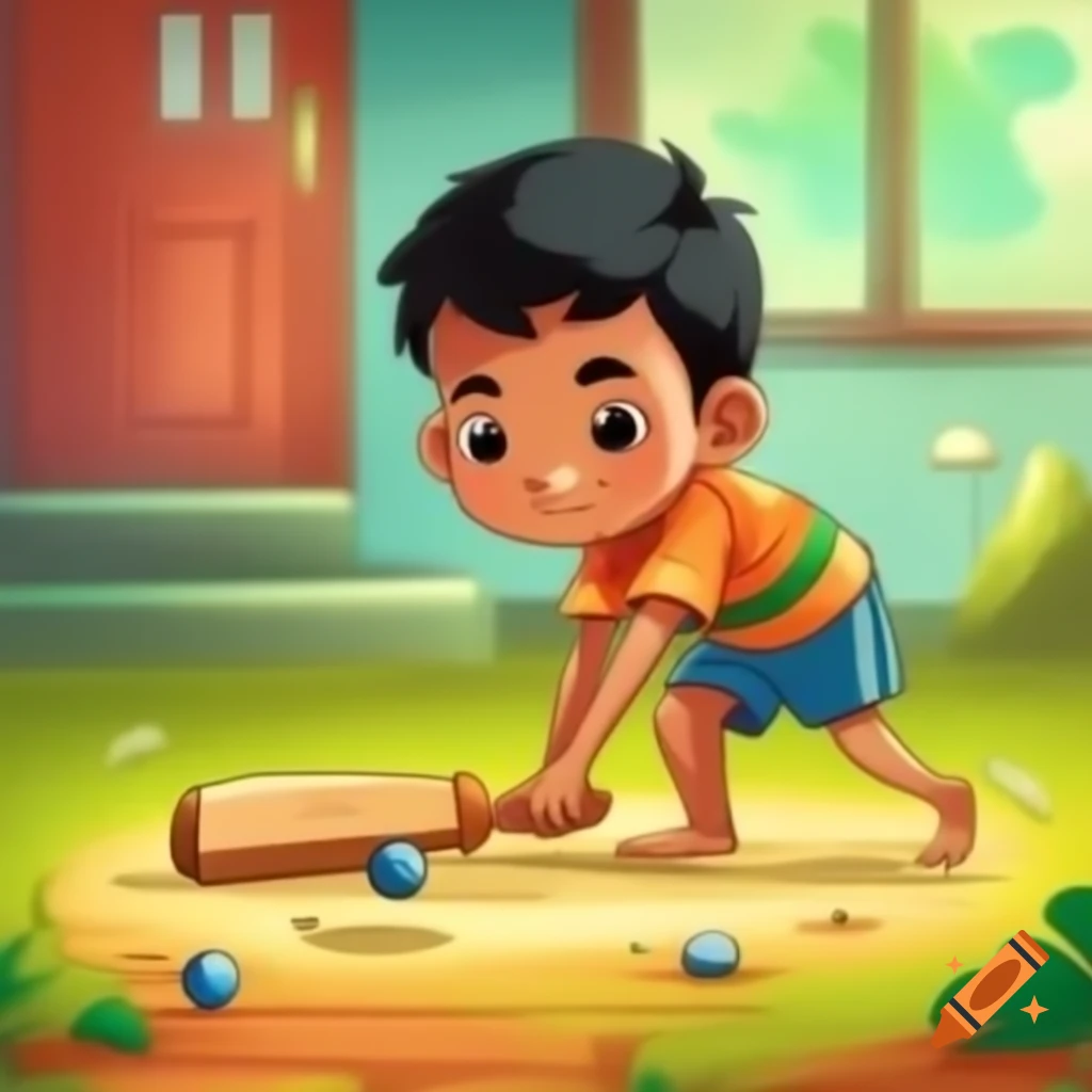Kid playing cricket with homemade bat at home in Kerala community