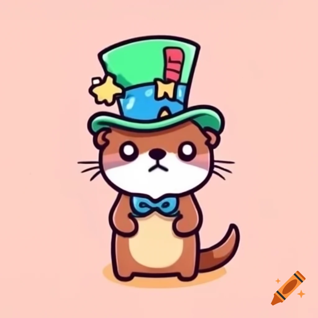 Kawaii otter in Mad Hatter's hat line art pastel style