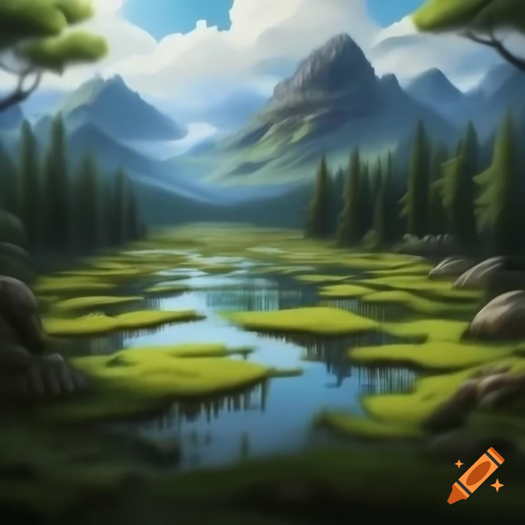 Detailed oil painting of lush landscape featuring ponds, woods, swamp, and rocky mountains