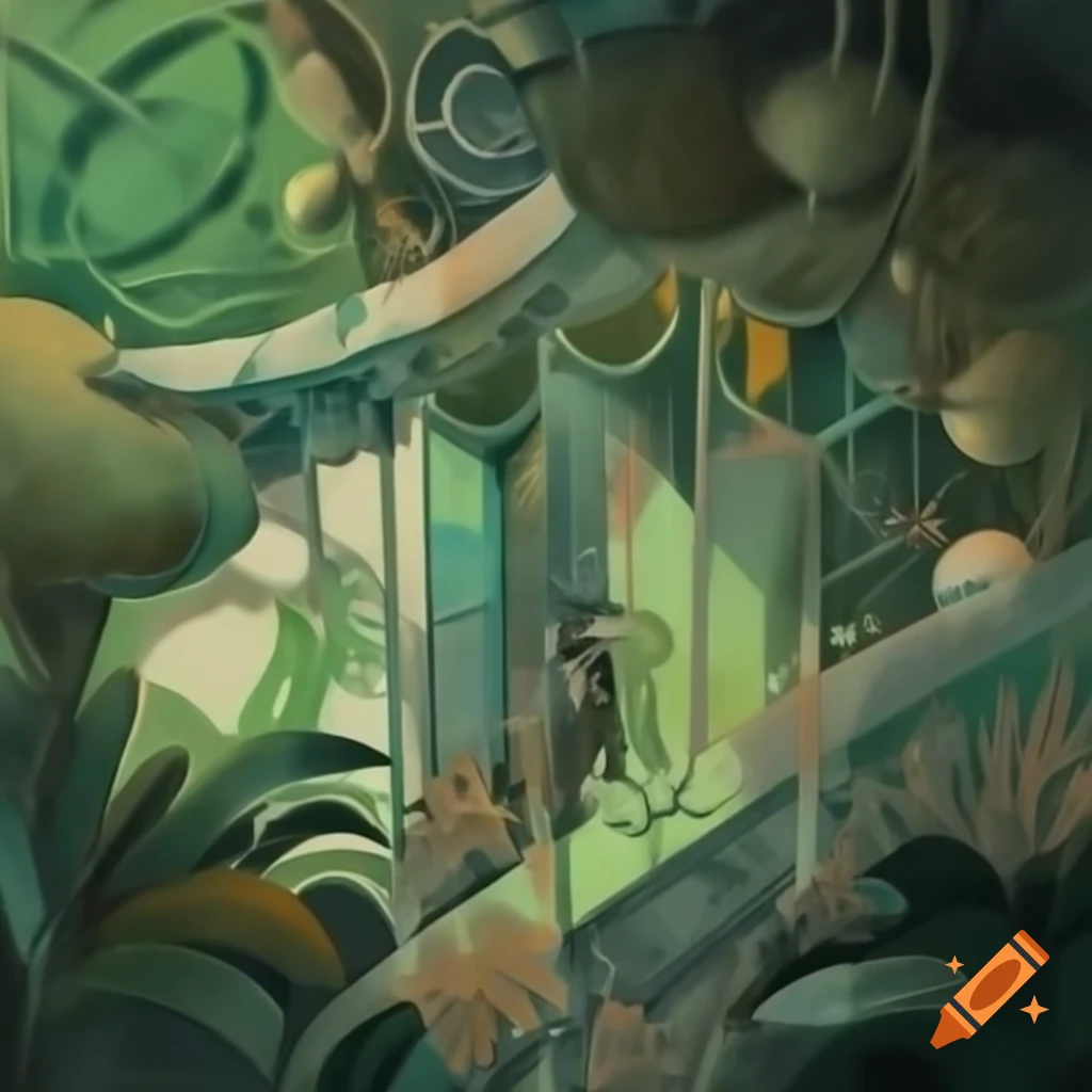 Abstract art of futuristic time travelers in the Garden of Eden with exotic flora
