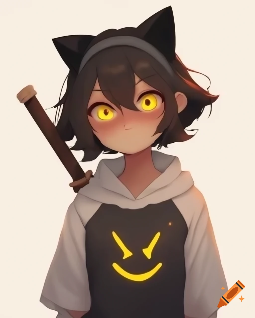 Older anime character Niko with glowing eyes and gang symbol, equipped with machete