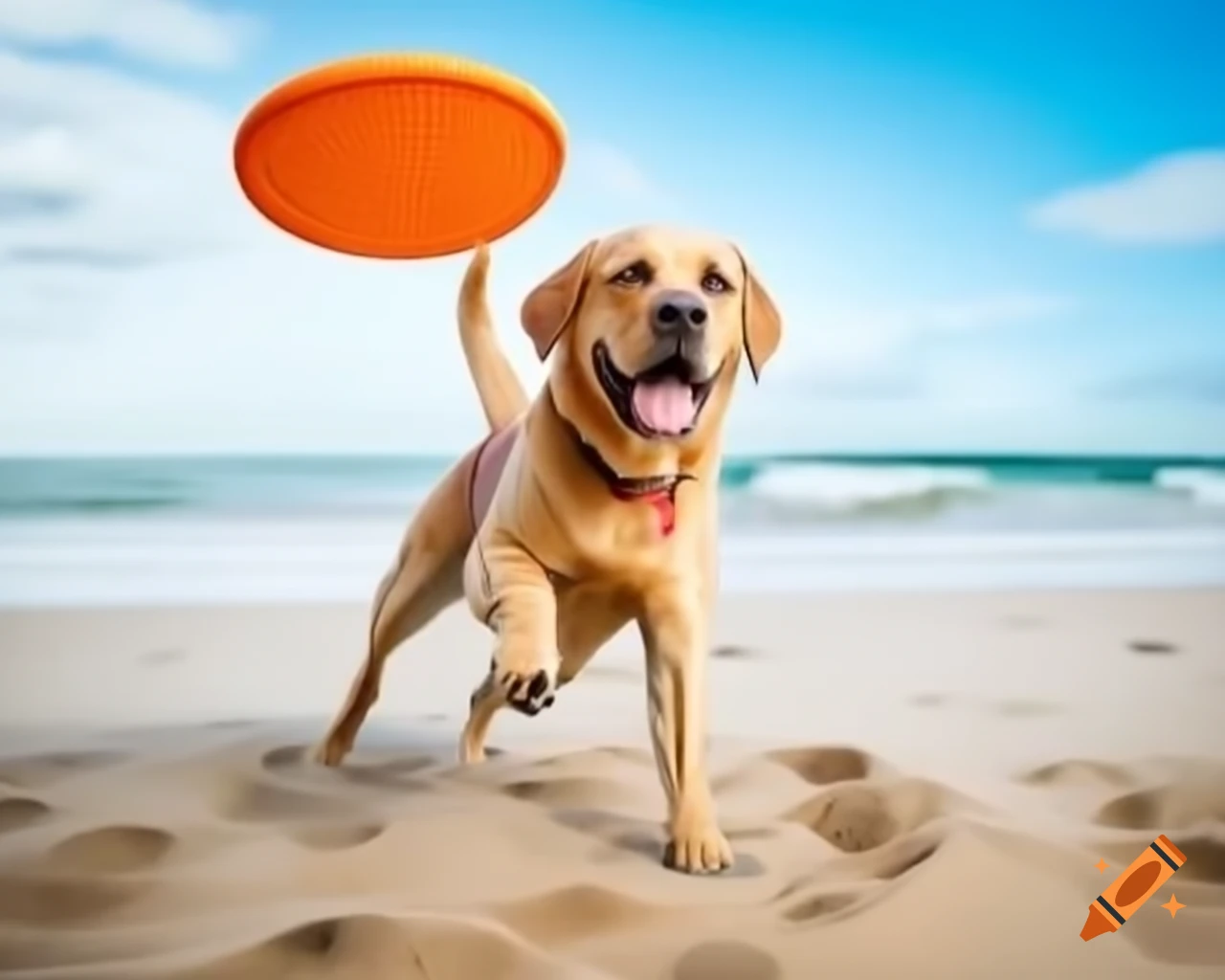 Labrador playing with frisbee at the beach