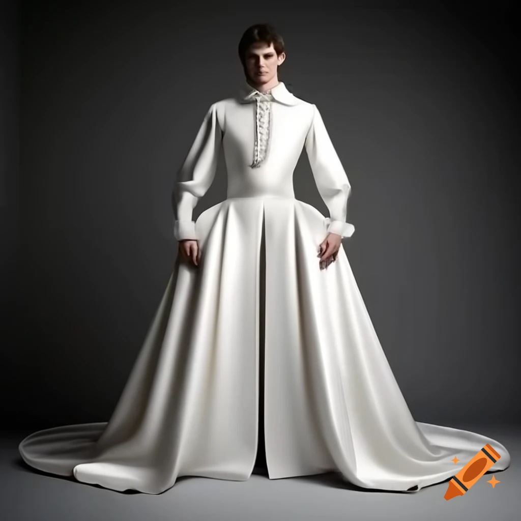 Handsome young man in elegant floor-length white satin gown with lace trim