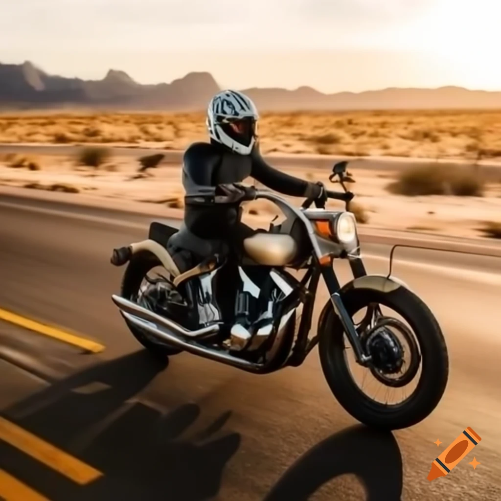Biker riding vintage Harley-Davidson motorcycle on Route 66 at sunset