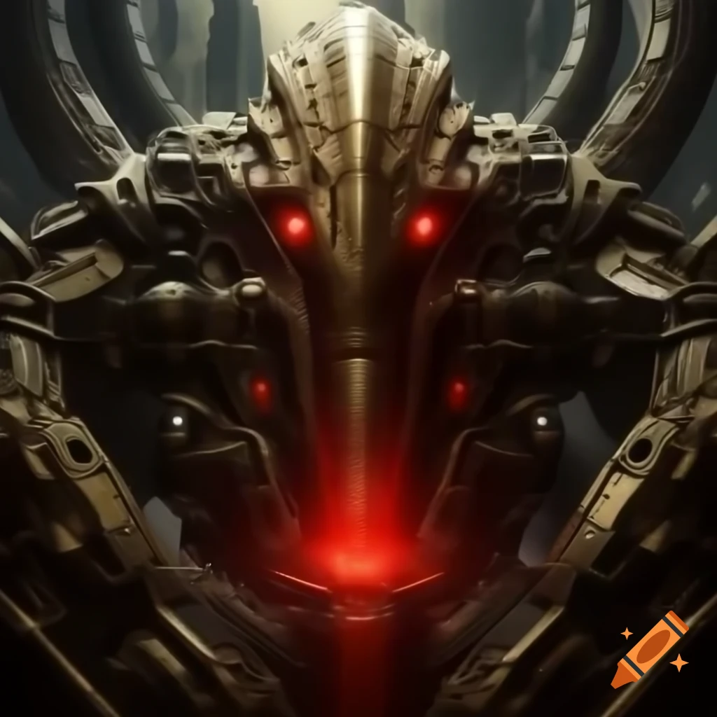 Giant mechanical serpent emitting red aura