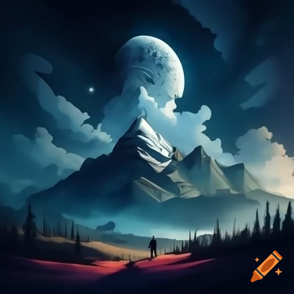 Mount Sindoro silhouetted against night sky with stars and glowing moon