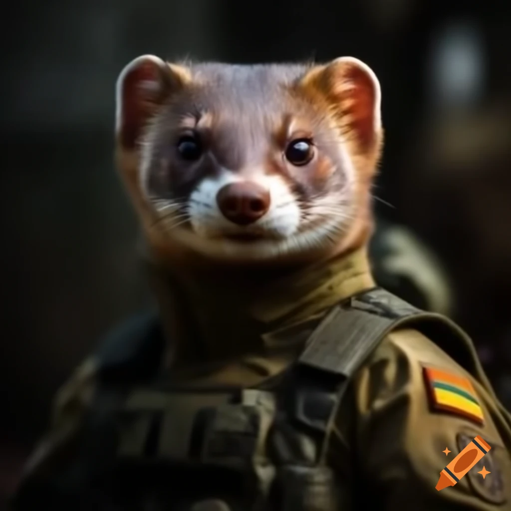 European weasel wearing tactical military uniform