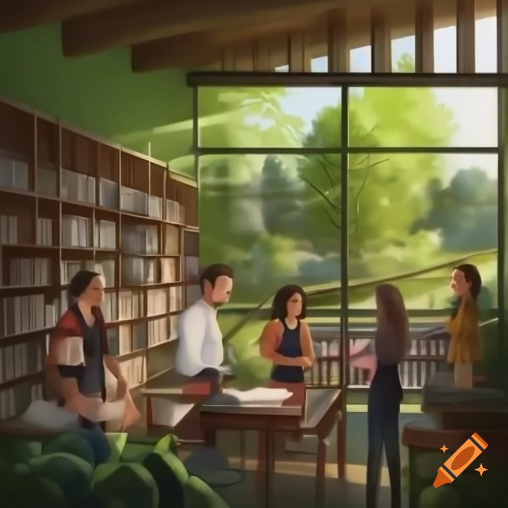 Futuristic university community of young scientists engaging in green space with books and conversations