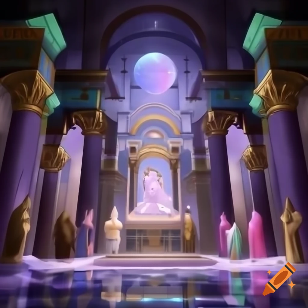 Digital artwork of grand pantheon for ancient deities in Byzantine style