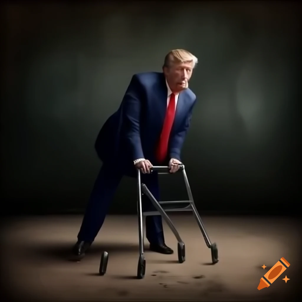 Satirical depiction of an elderly man with a walker in a court setting