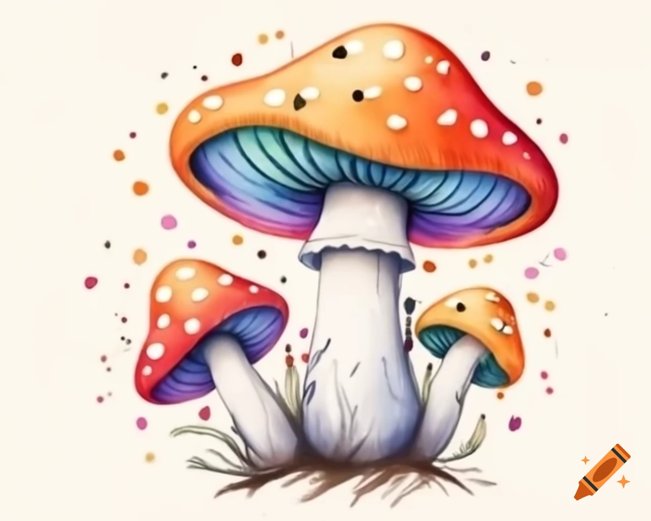 Watercolor Halloween mushroom in rainbow colors, storybook style