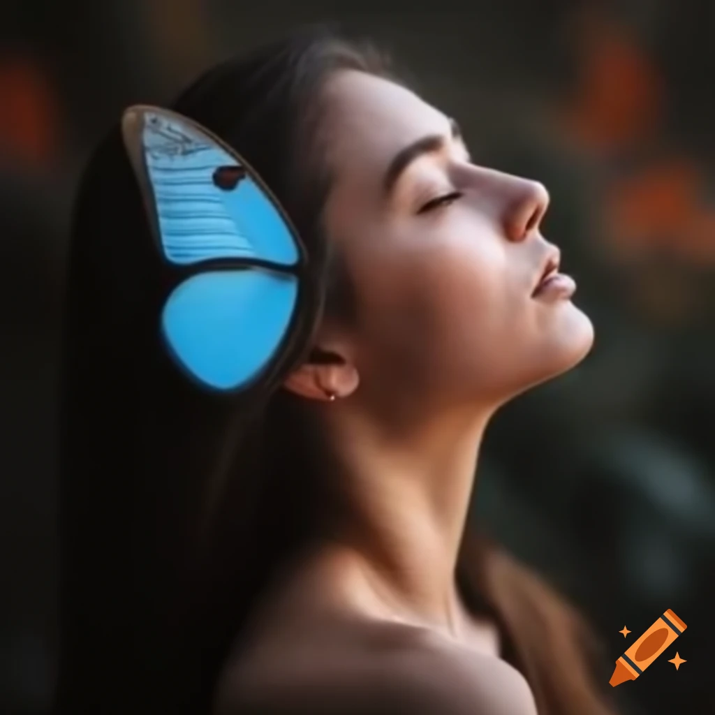 Young woman’s profile gazing at a flying butterfly