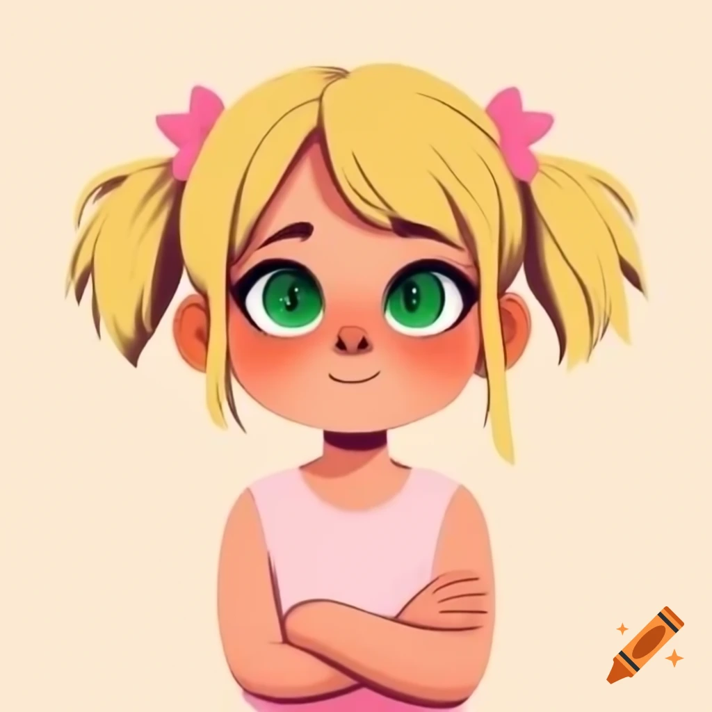 Anime girl with blonde hair and green eyes wearing pink sleeveless t-shirt, arms crossed