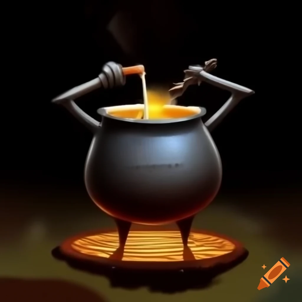 Cauldron character with arms stirring its own brew