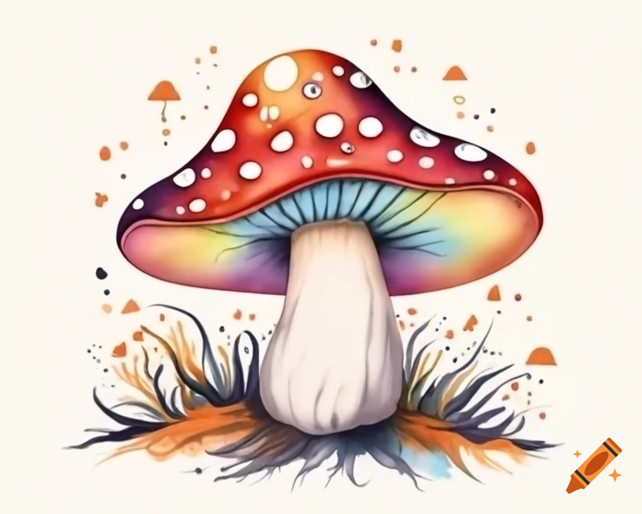 Watercolor Halloween toadstool in rainbow colors, storybook style