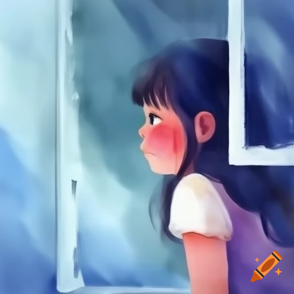 Watercolor painting of girl looking out window on rainy day