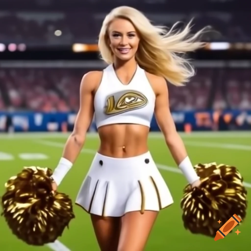 Cheerleader with blonde hair and pompoms on football field