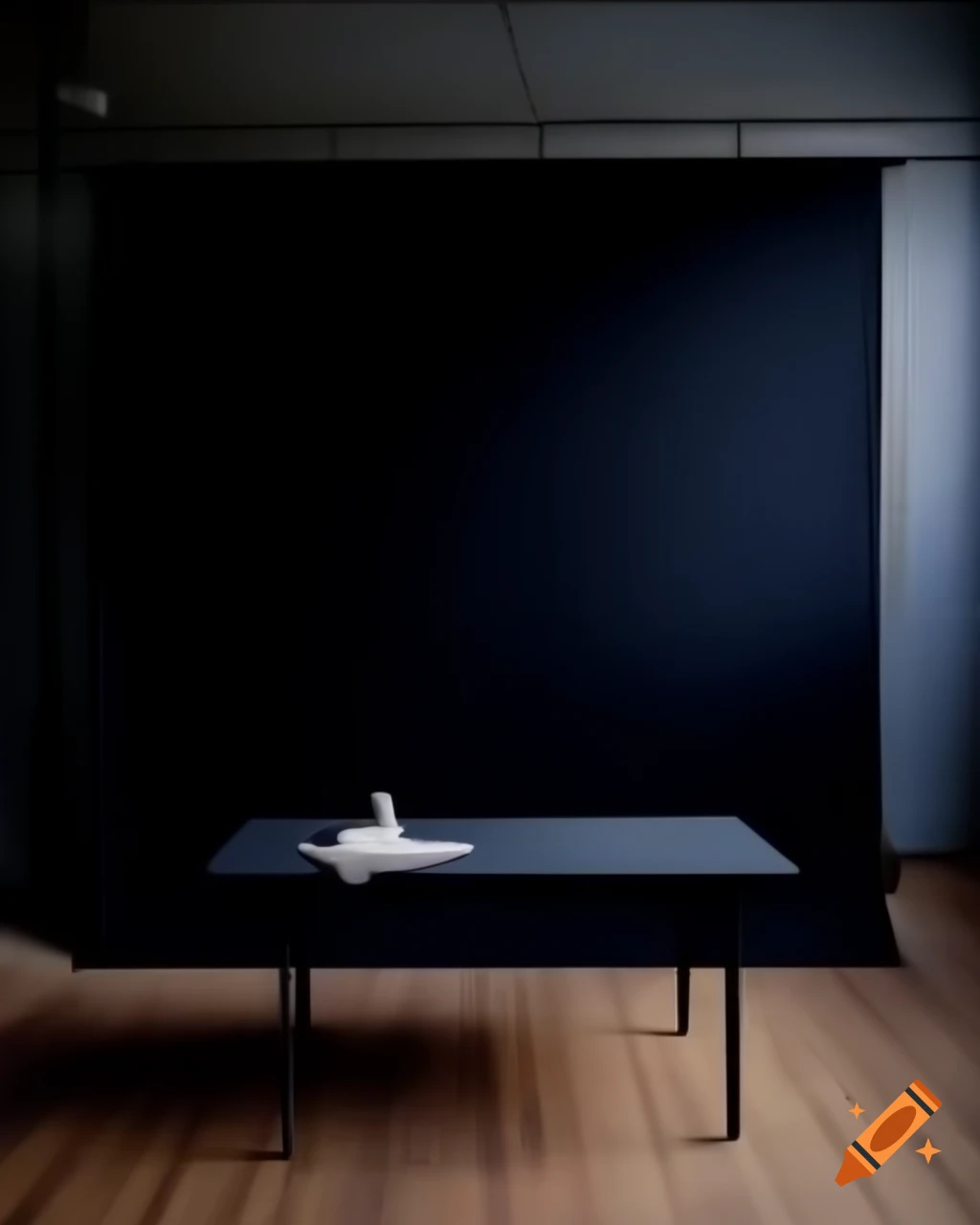 Wide shot of a black studio scene featuring a black table