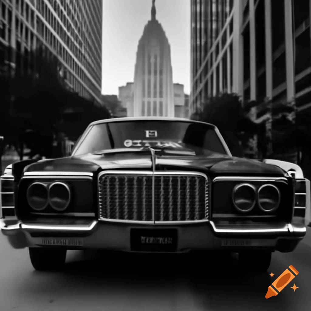 1966 Chrysler Crown Imperial parked in front of Chrysler Building in monochrome with the car airborne