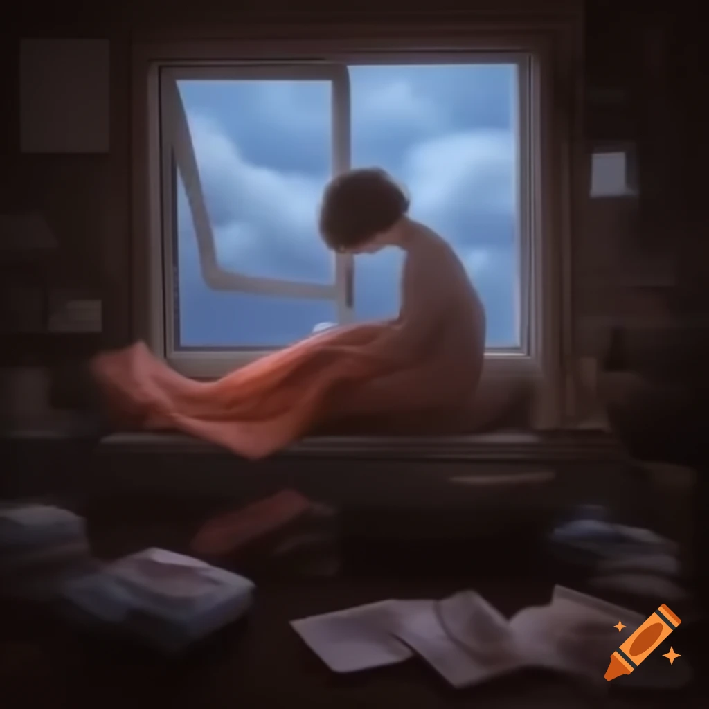 Person on couch wrapped in blanket gazing at clouds with 'Tomorrow' written