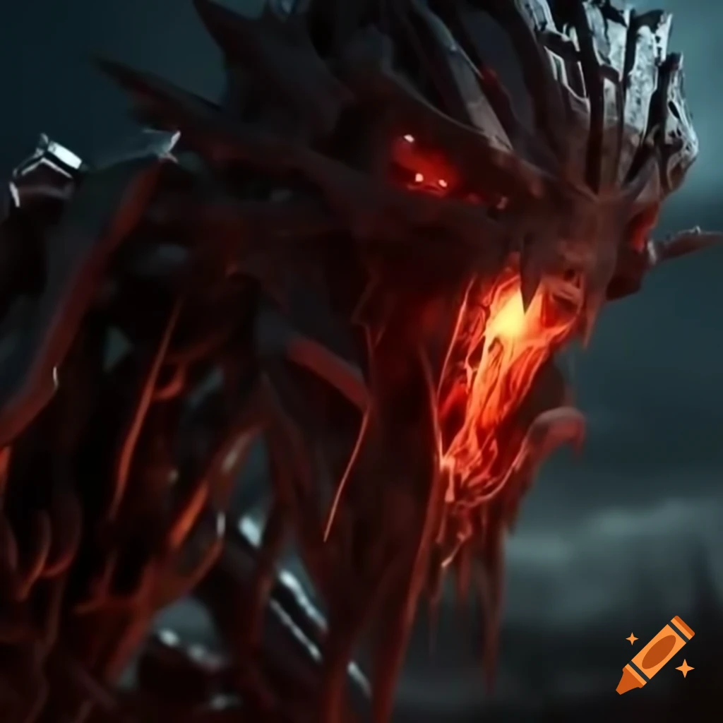 Apocalyptic scene with mechanical elements, red embers, and jagged design
