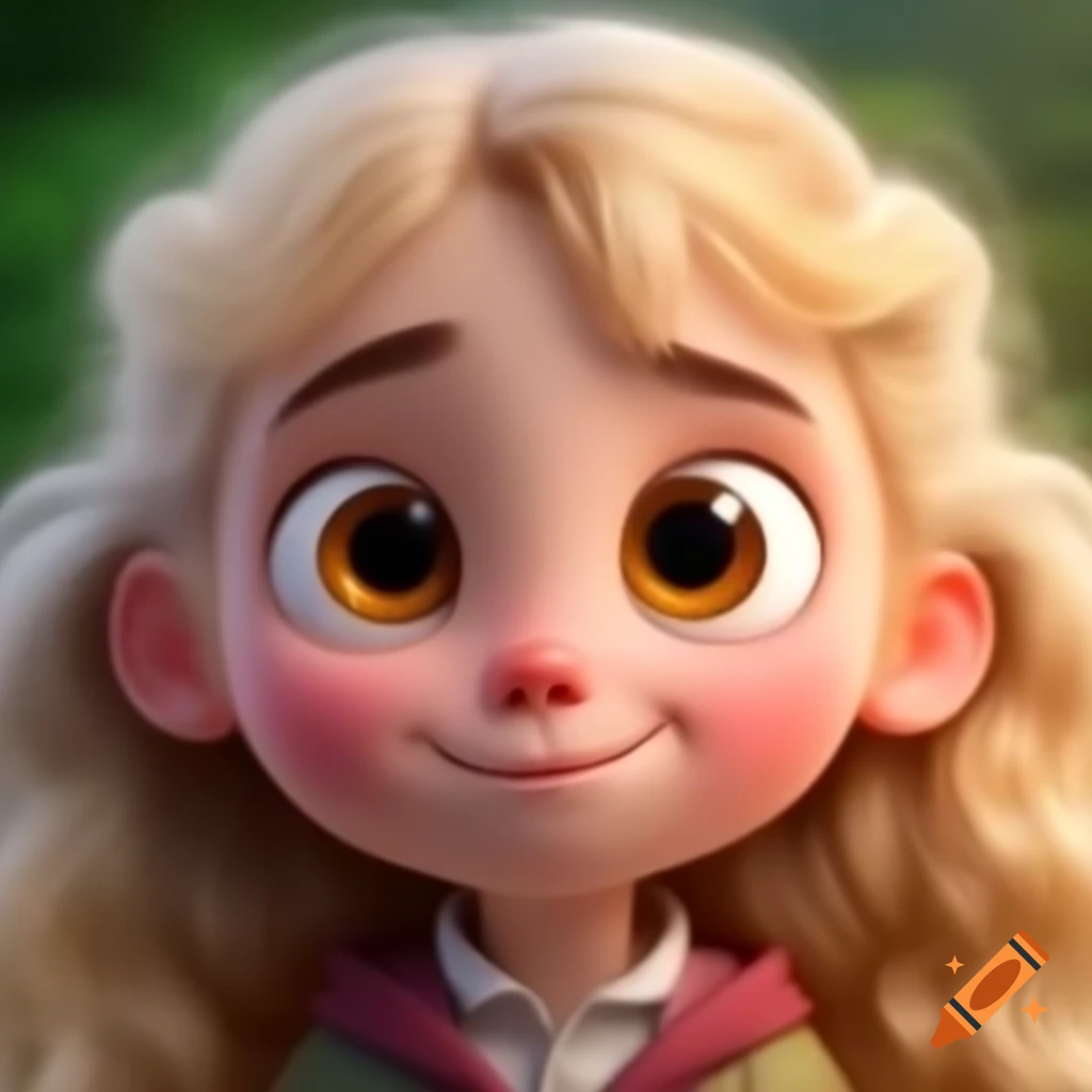 Cartoon girl with big eyes and beautiful blonde hair