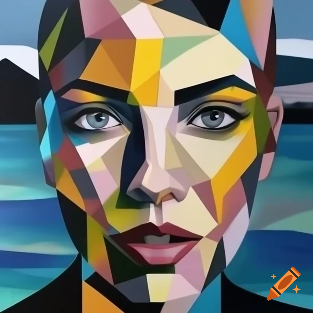 Abstract painting of geometric Kashmiri face with fire and water elements in stylized lines