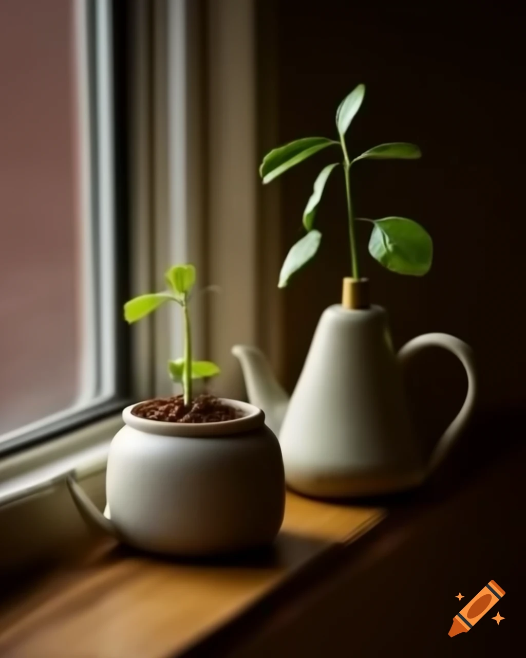 Close-up of mini plant in teapot-shaped wick with golden lighting