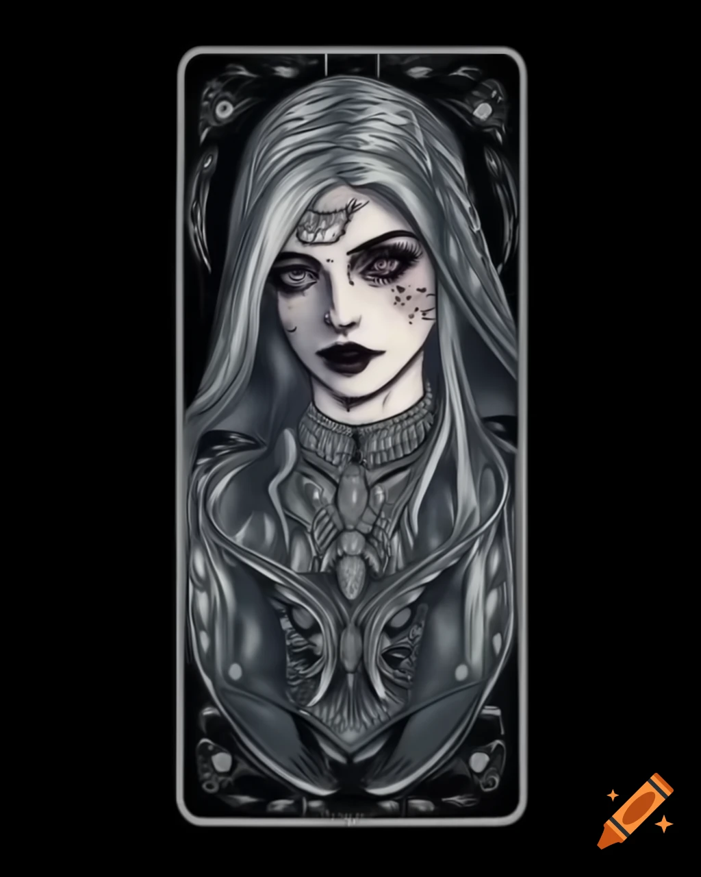 Gothic silver-haired woman in ornate robe on tarot card illustration