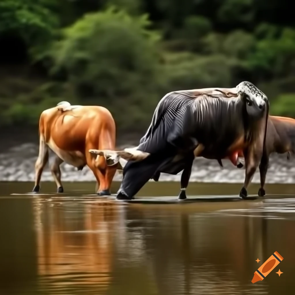 Ox drinking from river