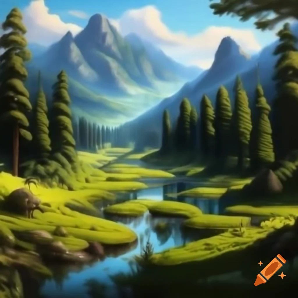 Detailed oil painting of lush landscape with ponds, woods, and mountains