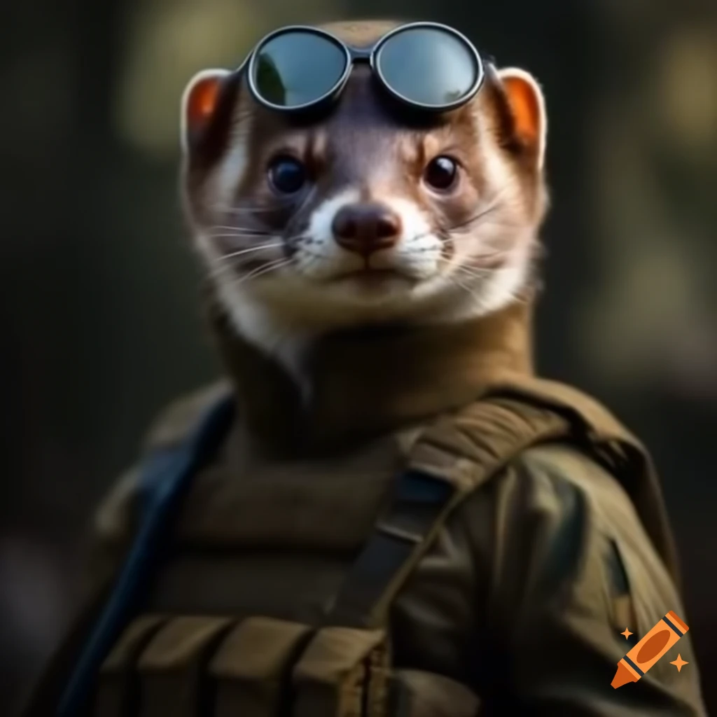 European weasel wearing tactical military uniform