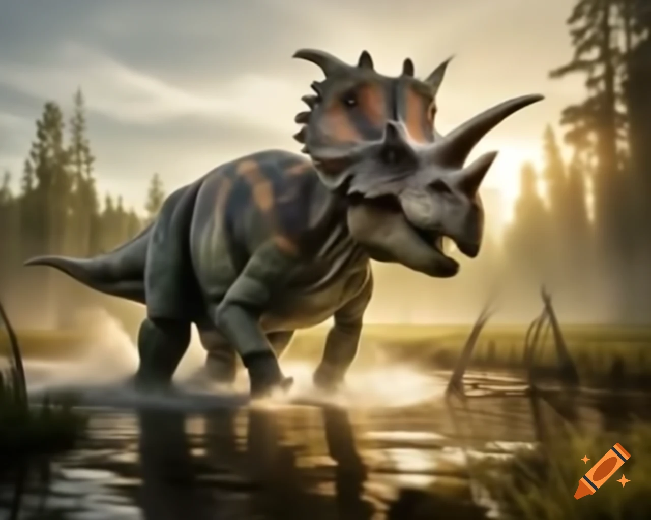 Protoceratops crossing marsh with driftwood under golden hour sunlight in British Columbia