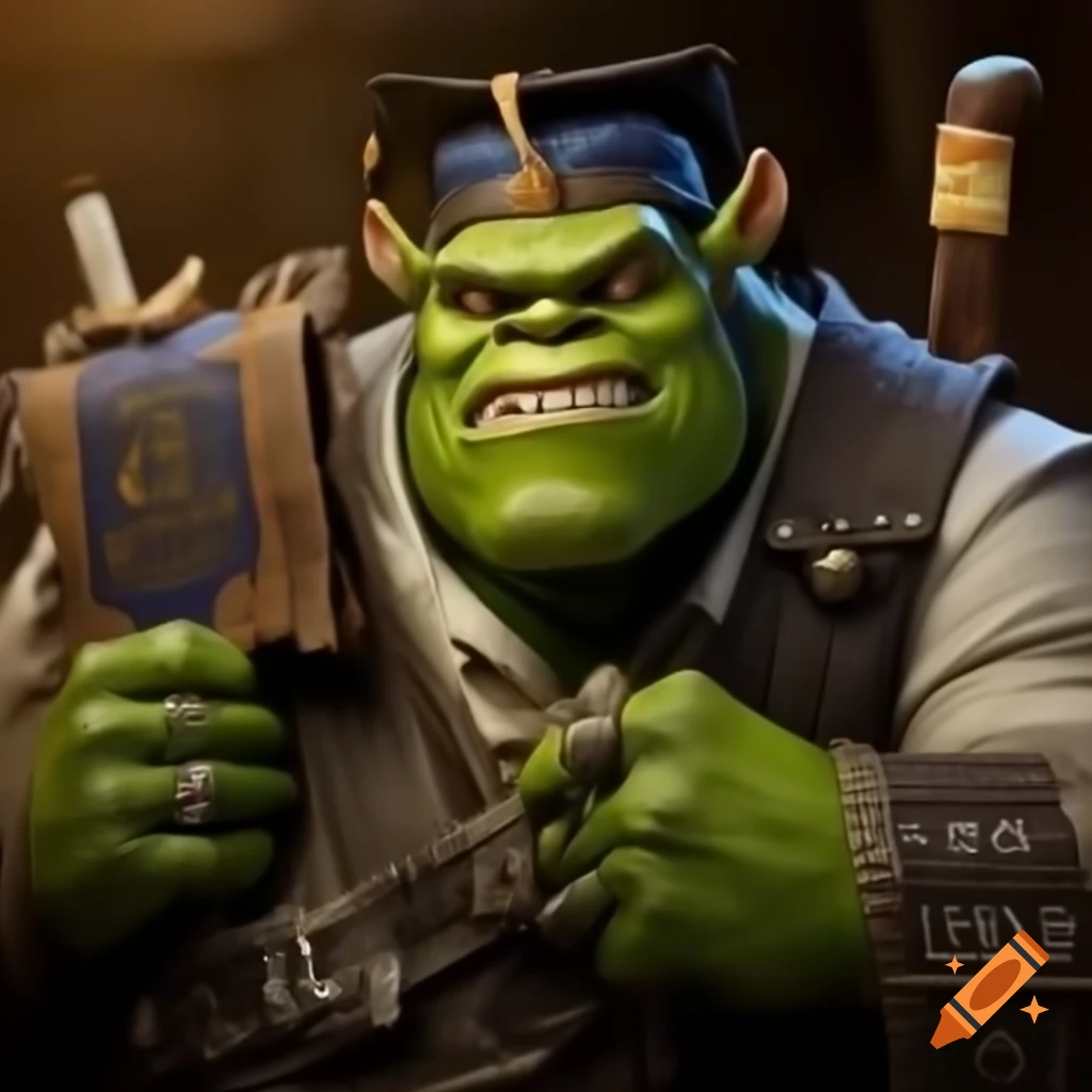 Cartoon of green orc professor in university mantle and cap holding scrolls