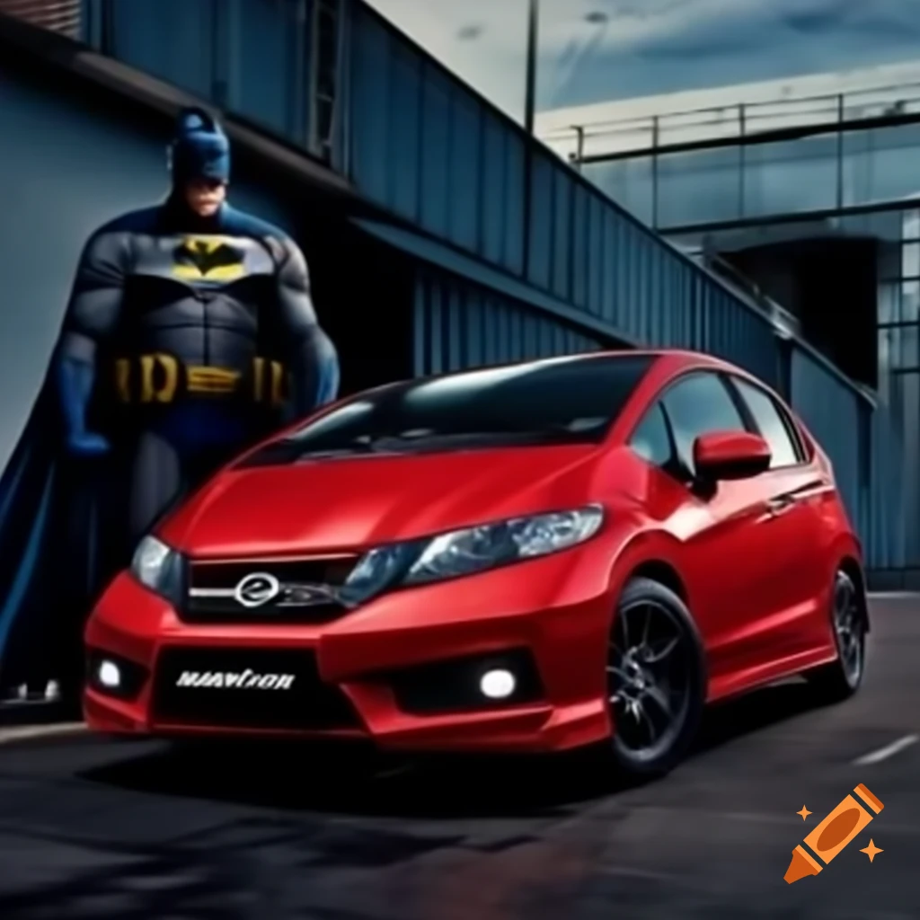 Batman character next to red 2008 Honda Fit GD3