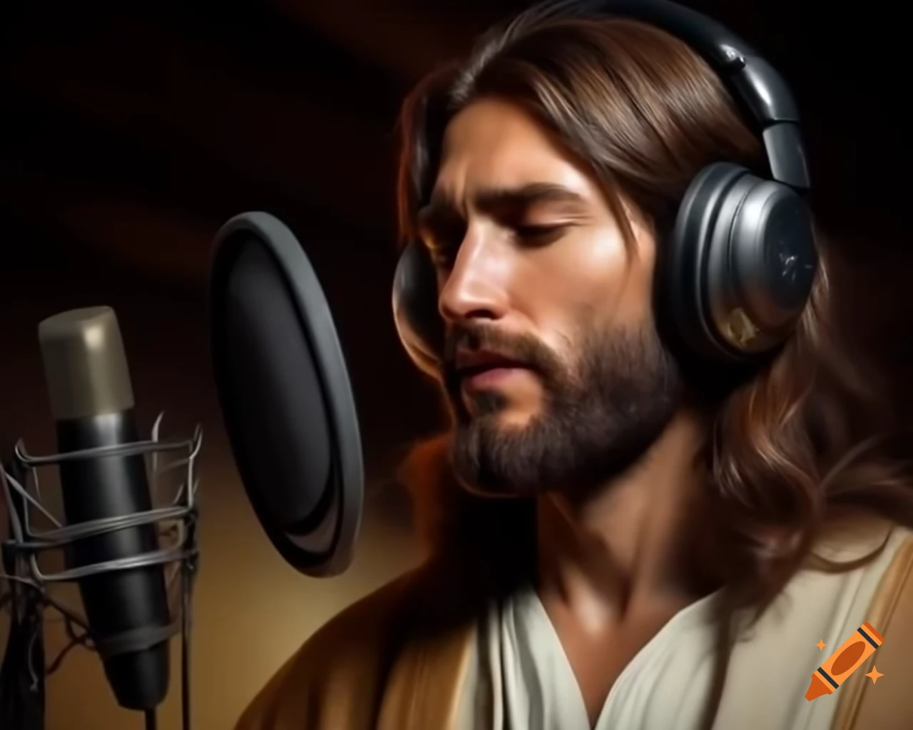 Jesus figure wearing headphones and recording into microphone