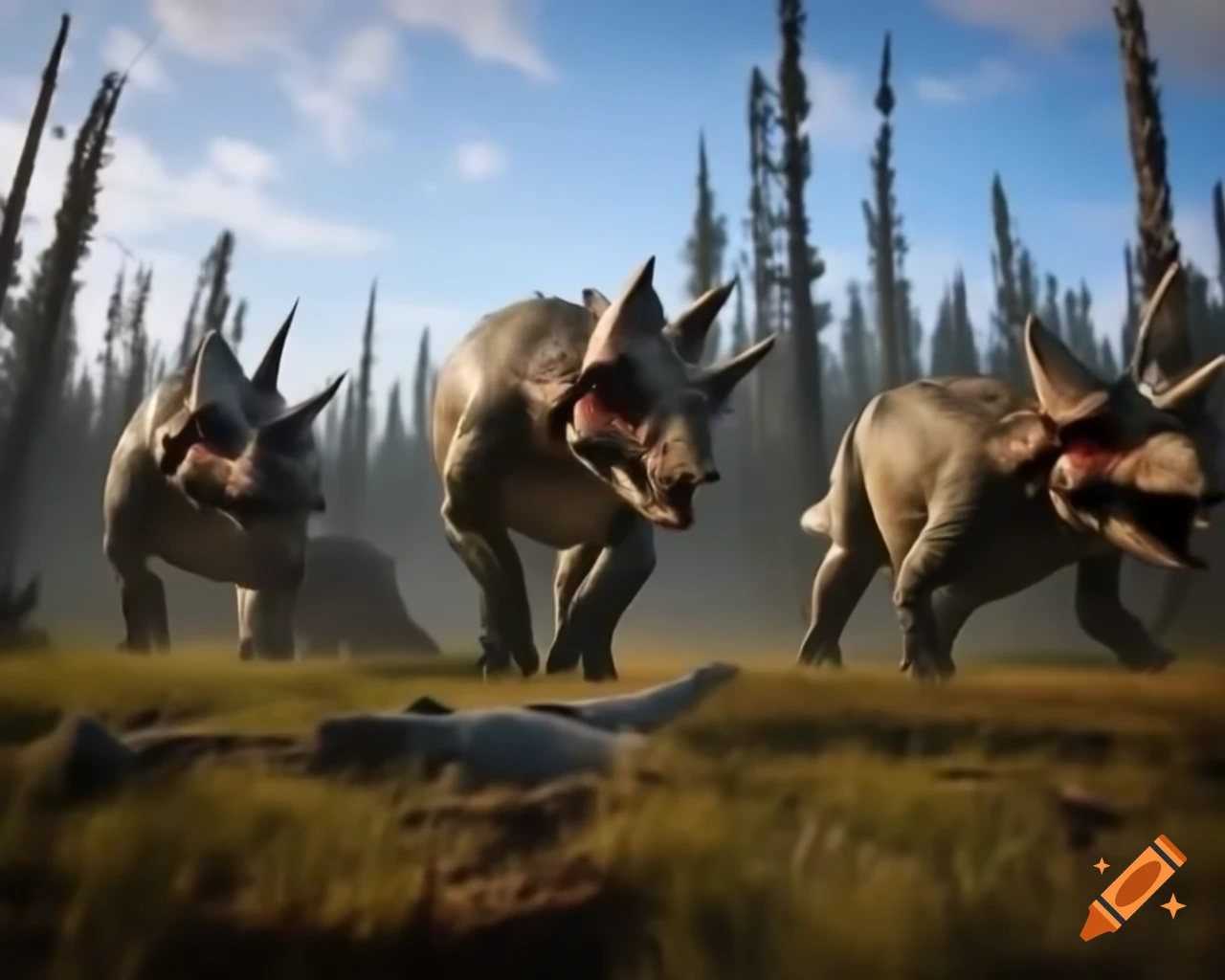Protoceratops crossing sunny scrubland with dead trees in British Columbia