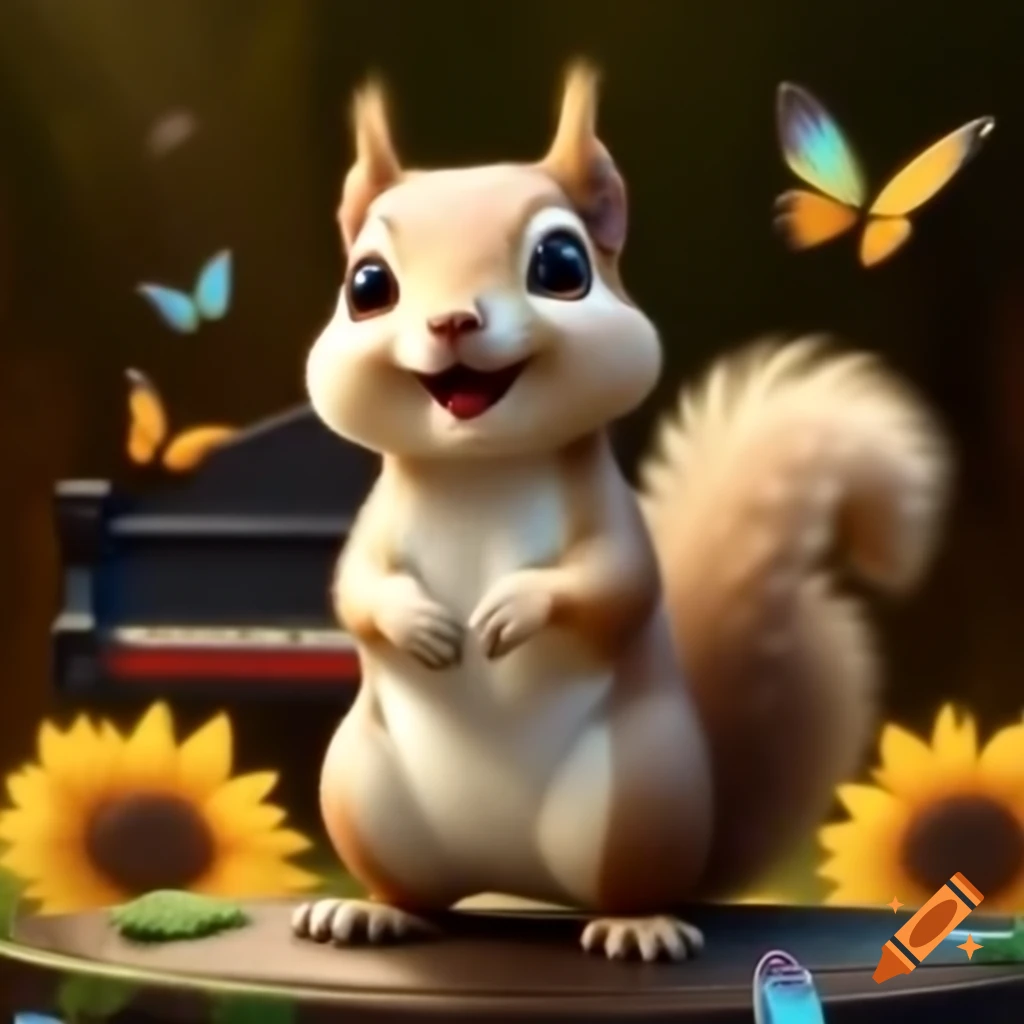 White squirrel singing on stage with sunflowers and butterflies, piano nearby