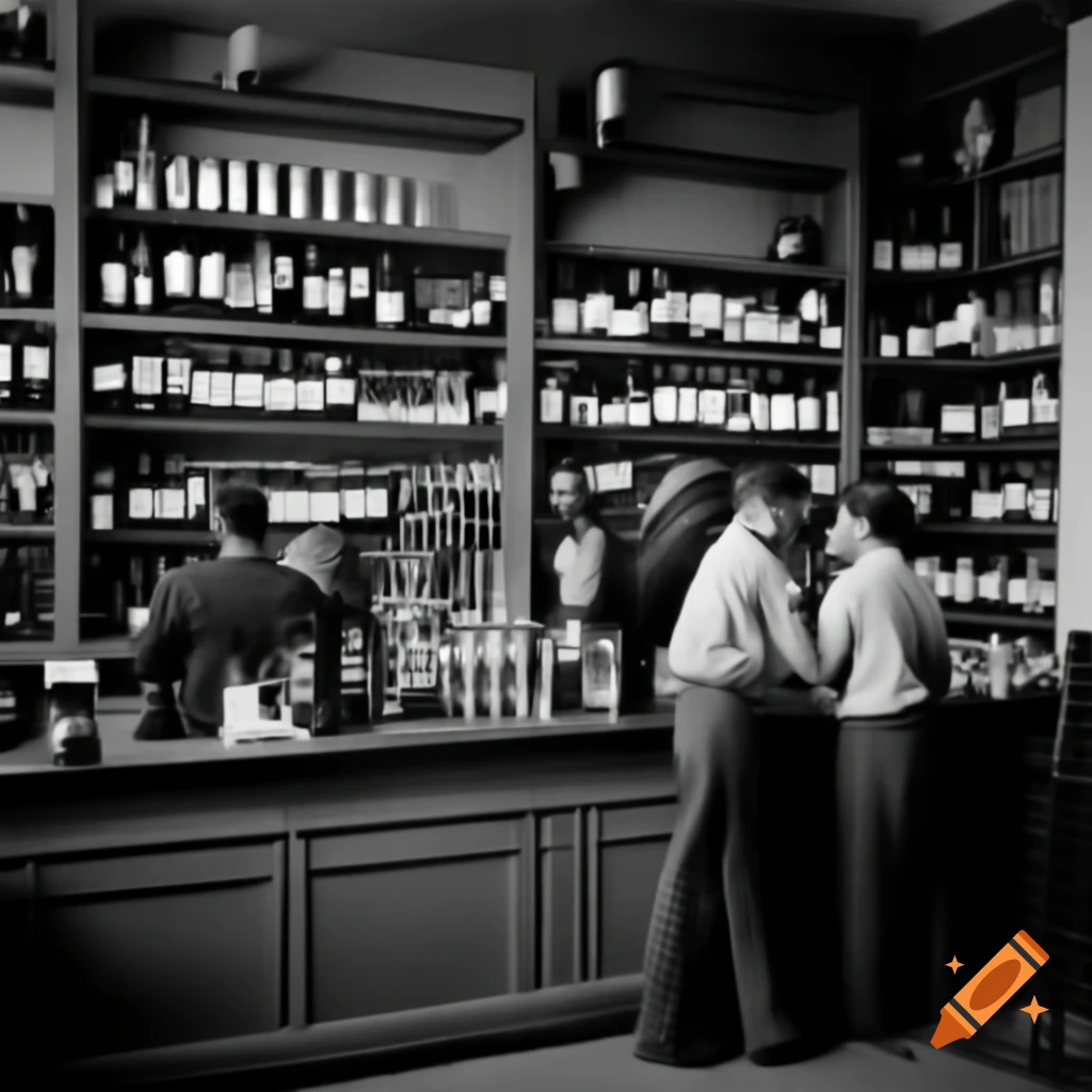 Vintage photo of liquor store with wine shelves and customers