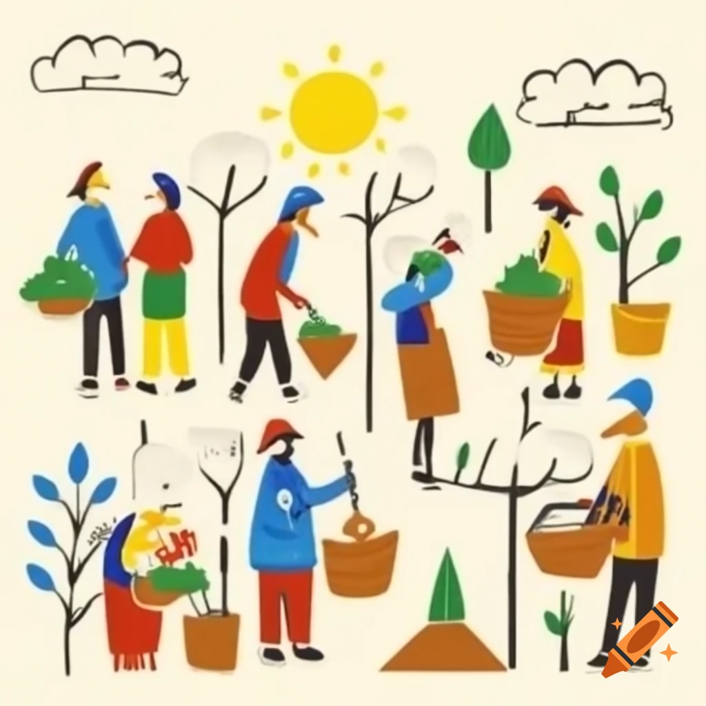 Doodle art depicting volunteerism with diverse people planting trees and helping others