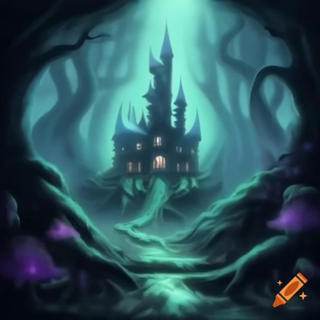 Gothic fairy tale scene with haunted castle in enchanted forest